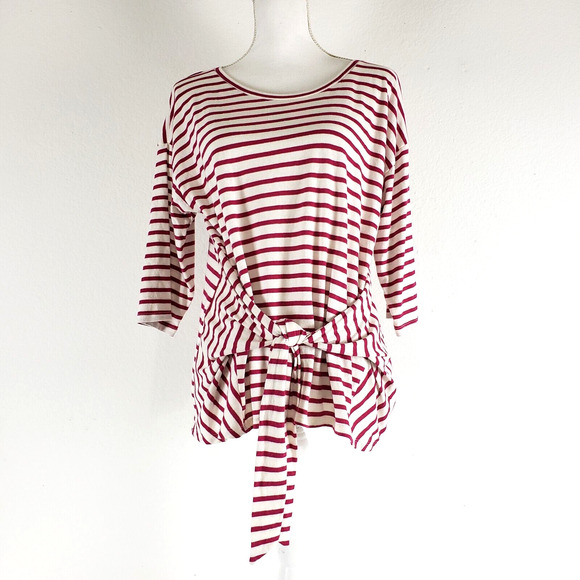 NEW! Express One Eleven SIZE M Red Pink White Stripe Tie Front Blouse 3/4 Sleeve - Picture 1 of 11